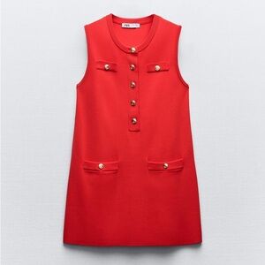 NWOT Zara Knit Red Dress with Gold Buttons